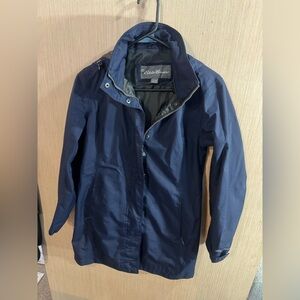 Women’s Eddie Bauer Dark Blue Lightweight Weatheredge Long Rain Jacket Size XS